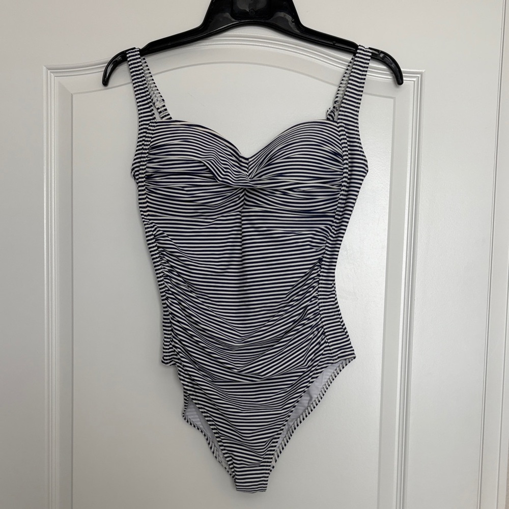bond-eye Nip Tuck Navy and White Striped  One Piece size 14 D/DD Cup